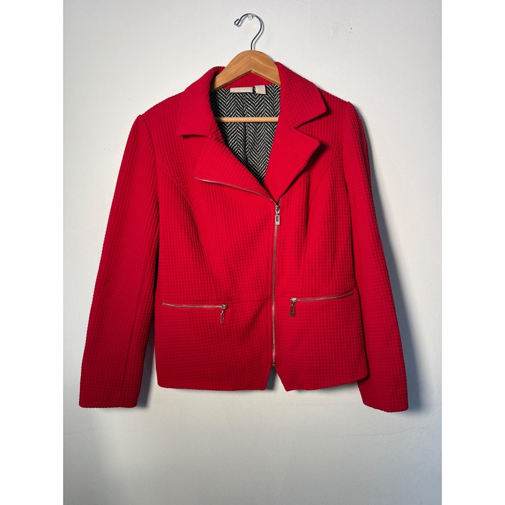Chico's Red Waffle Knit Asymmetrical‎ Zip Moto Jacket Size 1 Medium